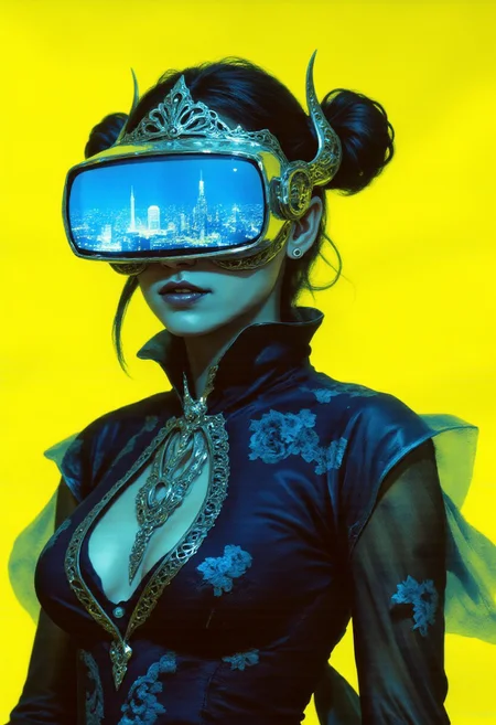 (This is a high-resolution photograph) A young woman with alabaster skin and a hauntingly elegant presence wears a striking futuristic VR headset that fully obscures her face. The headset is sleek metallic silver with a curved, panoramic screen displaying a neon-lit aerial view of a sprawling cyberpunk city at night, its glowing streets and towering skyscrapers stretching into the distance. Her long, midnight-blue hair is styled into two elaborate buns, secured with sharp, chrome-plated hairpins resembling gothic spires. She dons an avant-garde gothic ensemble—a flowing, deep violet high-collared dress with dramatic, asymmetrical layers of sheer fabric, adorned with intricate silver filigree and embroidered dark roses. The dress’s structured corset-like bodice accentuates her form, blending Victorian elegance with futuristic design. Her lips are painted metallic black, contrasting sharply with her pale complexion. The background is a bold, vivid yellow, creating a striking juxtaposition against her dark attire and the glowing, high-tech visor, heightening the surreal fusion of gothic fashion and advanced technology.