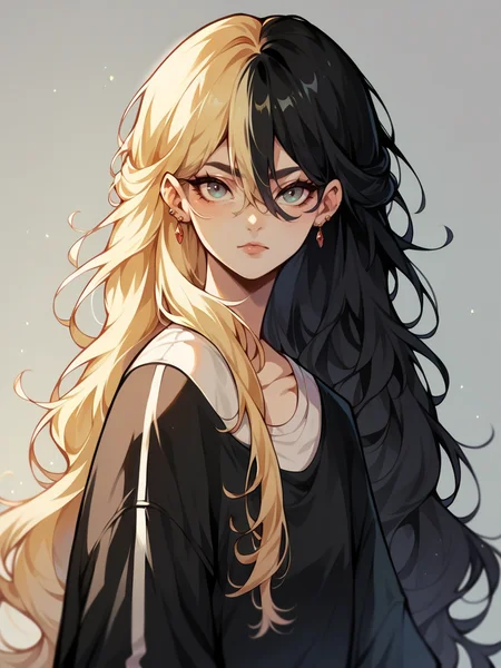 score_9, score_8_up, score_7_up, score_6_up, score_5_up, <lora:spl1th41rXLP:1> spl1th41r, two tone hair, 1girl, long hair, blonde black hair