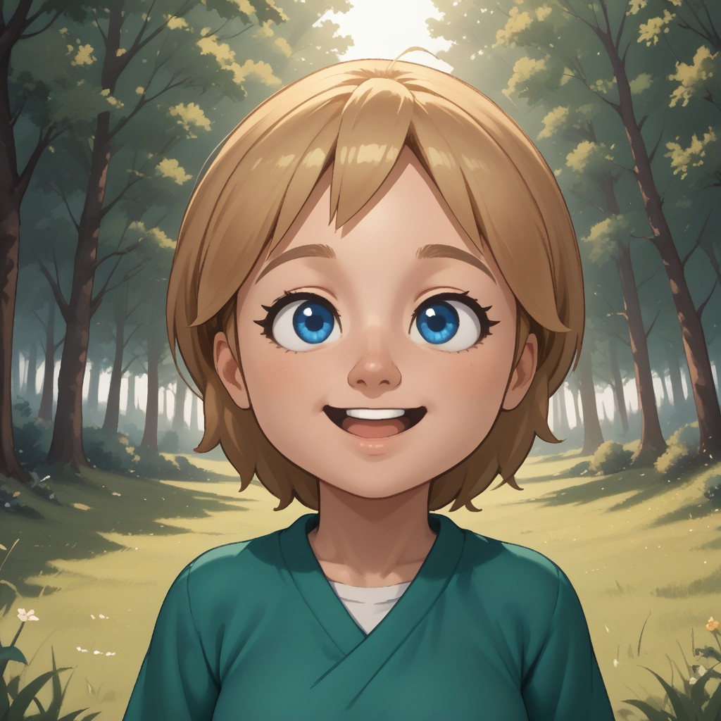 score_9, score_8, BREAK, solo, mii, wii, wii sports resort, 1girl, female mii, cute, blonde hair, black blue eyes, rare eyes, tree shaped nose, open mouth, buck tooth, double chin, chubby, chubby female, dark green clothing, white pants, shoes, Megan_(\Wii_Sports_Resort\), Nintendo Mii, modern_mii, classic_mii, big breasts, sexy pose, self portrait, smile, outdoors, sunlight, shadows, evening lighting, natural lighting, forest, trees, grass, orange sky, sunset