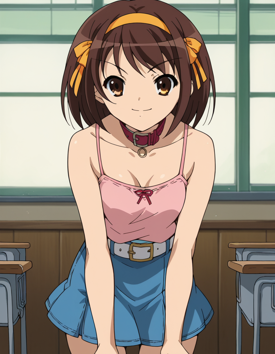 score_9, score_8_up, score_7_up, source_anime,
haruhisuzumiya,  <lora:haruhi-suzumiya-s1-ponyxl-lora-nochekaiser:1>,
haruhi suzumiya, short hair, brown hair, brown eyes, hairband, medium hair, ribbon, hair ribbon,
skirt, casual, camisole, pink camisole, bare shoulders, collar bone, belt, white belt, skirt, denim skirt, short skirt,
indoors, classroom, bent over, smile,
looking at viewer, cowboy shot, solo,