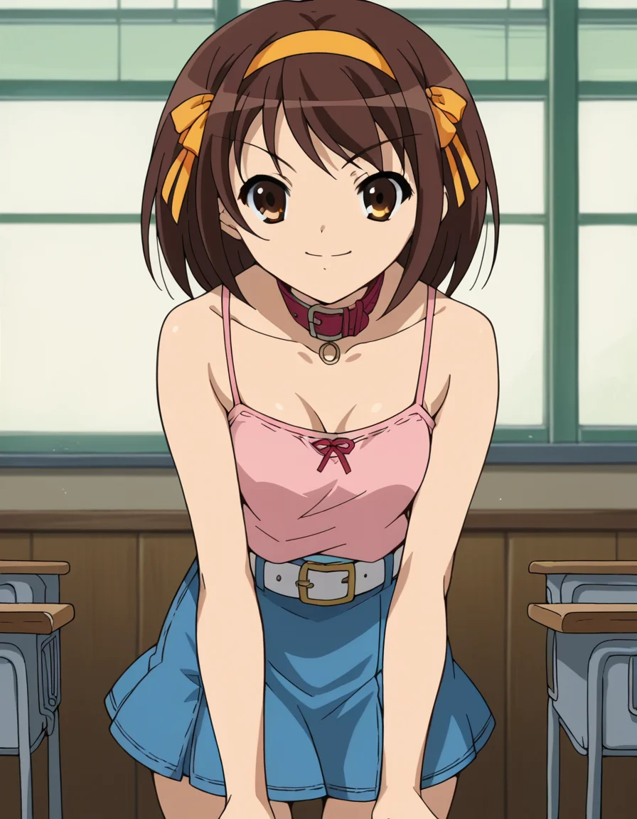 score_9, score_8_up, score_7_up, source_anime,
haruhisuzumiya, <lora:haruhi-suzumiya-s1-ponyxl-lora-nochekaiser:1>,
haruhi suzumiya, short hair, brown hair, brown eyes, hairband, medium hair, ribbon, hair ribbon,
skirt, casual, camisole, pink camisole, bare shoulders, collar bone, belt, white belt, skirt, denim skirt, short skirt,
indoors, classroom, bent over, smile,
looking at viewer, cowboy shot, solo,