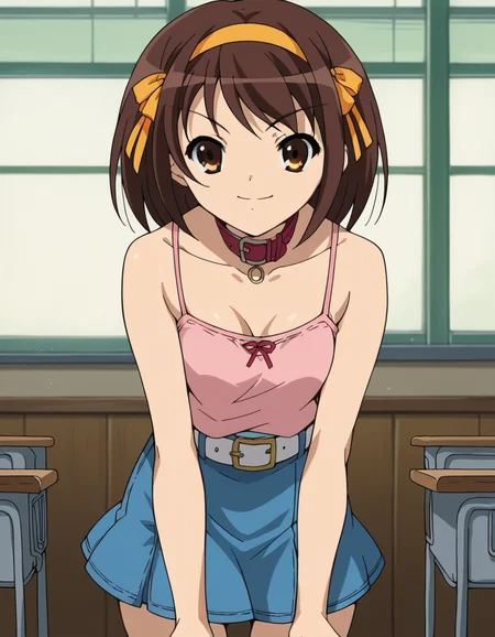 score_9, score_8_up, score_7_up, source_anime,
haruhisuzumiya,  <lora:haruhi-suzumiya-s1-ponyxl-lora-nochekaiser:1>,
haruhi suzumiya, short hair, brown hair, brown eyes, hairband, medium hair, ribbon, hair ribbon,
skirt, casual, camisole, pink camisole, bare shoulders, collar bone, belt, white belt, skirt, denim skirt, short skirt,
indoors, classroom, bent over, smile,
looking at viewer, cowboy shot, solo,