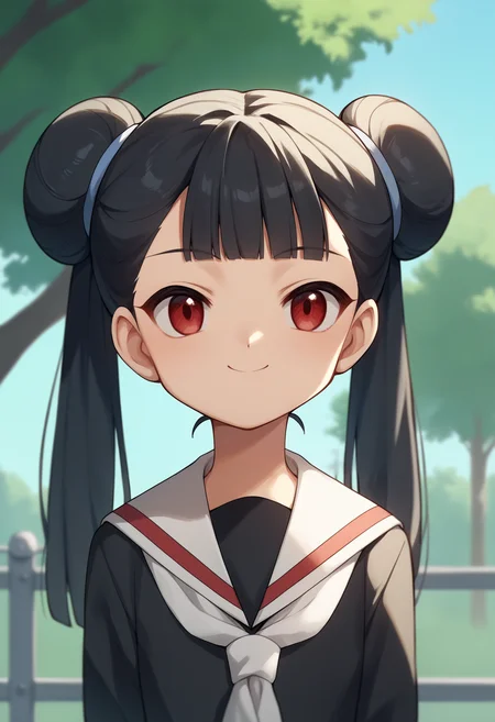 score_9, score_8_up, score_7_up, score_6_up, score_5_up, score_4_up, BREAK, source_anime,
1girl, meilingli, black hair, blunt bangs, double bun, twintails, red eyes,
black shirt, long sleeves, white neckerchief, sailor collar, school uniform, white skirt,
hands behind back, smile, upper body, looking at viewer, solo, outdoors, blue sky, park background <lora:MeilingLiXL:1>