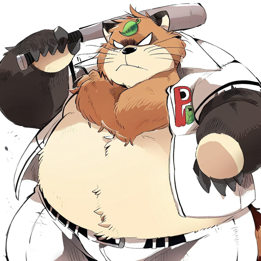 score_9, score_8_up, score_7_up, furry, Pokoemon, tanuki, brown fur, neck tuft, whiskers, white eyes, leaf on head, cartoon style, 2d, overweight male, obese, fat, solo, baseball uniform, open white shirt, white pants, holding baseball bat, standing, looking at viewer, grumpy expression, white background
