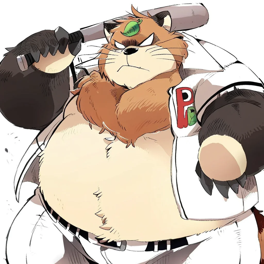 score_9, score_8_up, score_7_up, furry, Pokoemon, tanuki, brown fur, neck tuft, whiskers, white eyes, leaf on head, cartoon style, 2d, overweight male, obese, fat, solo, baseball uniform, open white shirt, white pants, holding baseball bat, standing, looking at viewer, grumpy expression, white background