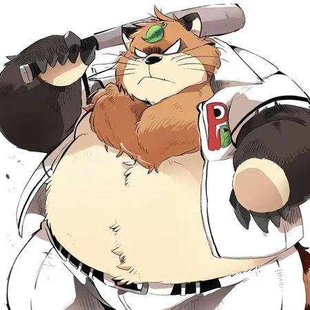 score_9, score_8_up, score_7_up, furry, Pokoemon, tanuki, brown fur, neck tuft, whiskers, white eyes, leaf on head, cartoon style, 2d, overweight male, obese, fat, solo, baseball uniform, open white shirt, white pants, holding baseball bat, standing, looking at viewer, grumpy expression, white background