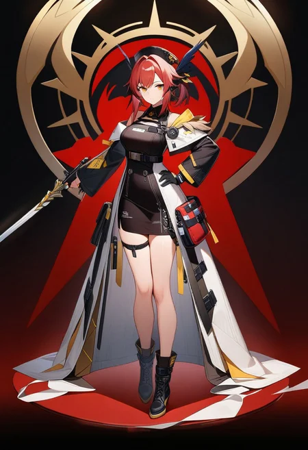 masterpiece, 1girl, ARKNIGHTS ELITE, black background, red hair, fullbody