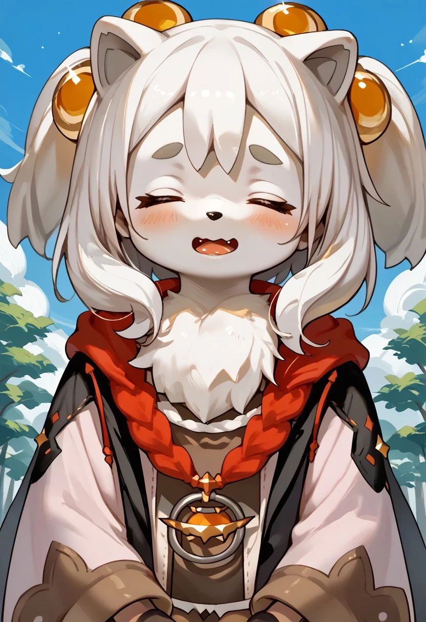 score_9, score_8_up, score_7_up, fini_(world_flipper), furry, kemono, anthro, 1girl, solo, female, white hair, white fur, closed eyes, open mouth, flat chest, preteen, young age