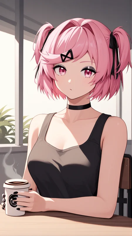 <lora:Gothsuki:1> gothsuki, 1girl, pink hair, hair ornament, two side up, pink eyes, solo, bangs, hairclip, short hair, ribbon, choker, black nails, black choker, nail polish,
drinking (coffee:1.2), (cafe pacefully:1.2), (casual attire:1.1), (seated at table:1.1), (natural lighting:1.1), (relaxed expression:1.1), (high-resolution digital illustration:1.1), (clear outlines:1.1), (vibrant colors:1.1), (emotion-focused:1.1), (anime style:1.1), (character illustration:1.1), (detailed background:1.1), (soft shadows:1.1), (nuanced textures:1.1), score_9, score_8_up, score_7_up,1girl,solo female, epic photograpy, extremely detailed, high quality, absurd res, high res, BREAK