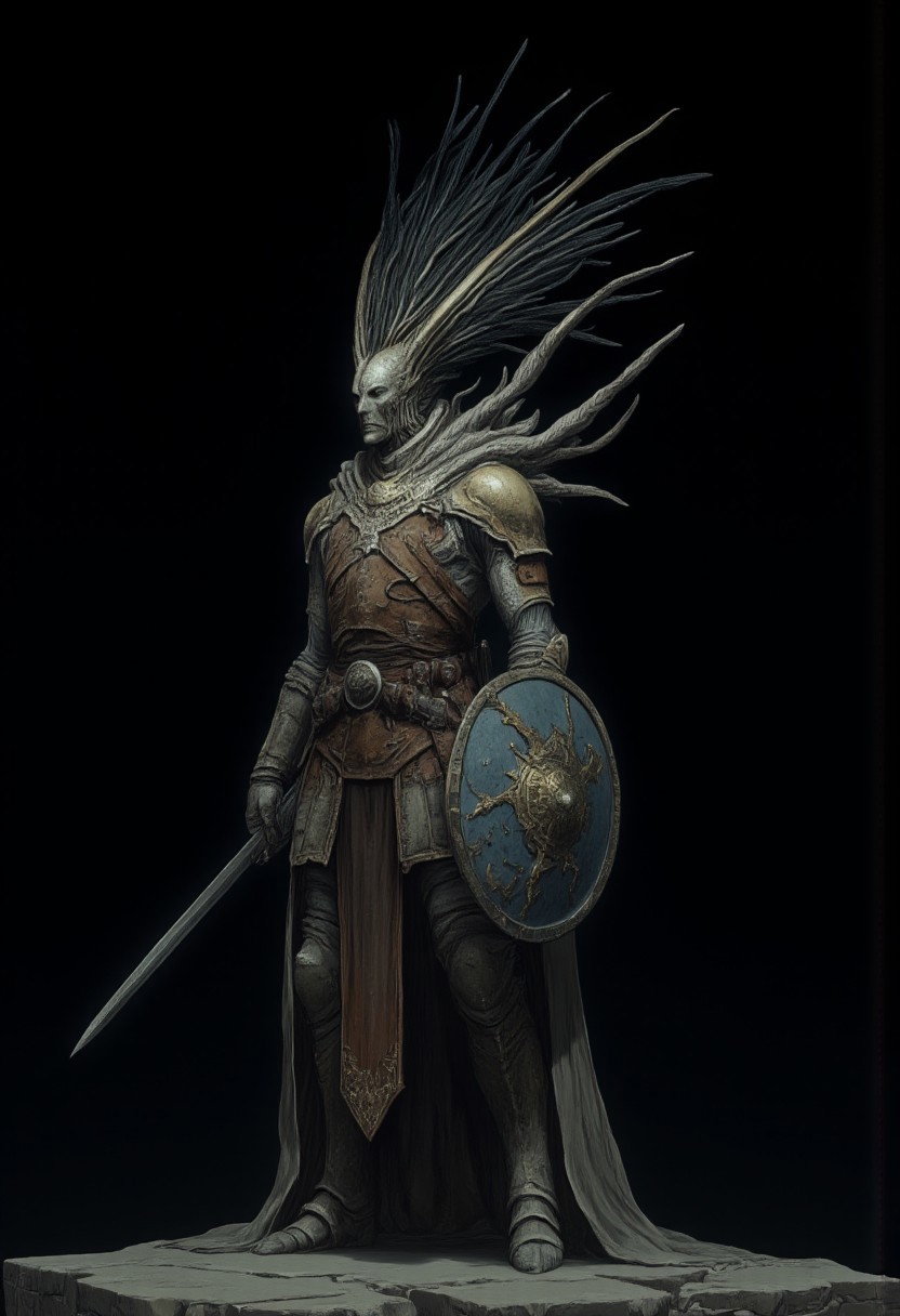 Standing in a hyper stanced extended action pose
A feathered knight with a cape, holding a templar shield, and a gladiator sword, wearing a praetorian helmet, rustic armor and leather sash
Set against a solid dark black color background to emphasize its unsettling unnatural form that emphasizes its silhouette. The medium is not a traditional painting or illustrative medium like watercolor or ink but rather a digital 3D rendering.
MikeFranchinastyle, d4artstyle, d4concept, , bbstyle,, horror theme,, zbrush, ZBClay model of a gray sculpture, 1990's, 1990's style