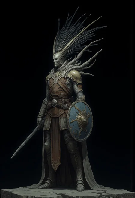 Standing in a hyper stanced extended action pose
A feathered knight with a cape, holding a templar shield, and a gladiator sword, wearing a praetorian helmet, rustic armor and leather sash
Set against a solid dark black color background to emphasize its unsettling unnatural form that emphasizes its silhouette. The medium is not a traditional painting or illustrative medium like watercolor or ink but rather a digital 3D rendering.
MikeFranchinastyle, d4artstyle, d4concept, , bbstyle,, horror theme,, zbrush, ZBClay model of a gray sculpture, 1990's, 1990's style
