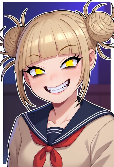 score_9, score_7_up, BREAK <lora:kannelart-guy-PONYv1:1>, no pupils, 1girl, solo, toga himiko, portrait, crazy smile,