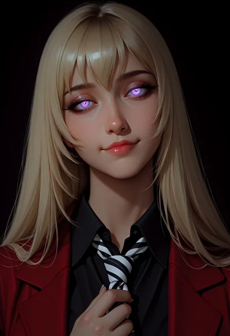 masterpiece, best quality, good quality, very aesthetic, absurdres, newest, 8K, realistic, 1girl, Lan Asuka, head tilt, long hair, blonde, bangs, hand on own face, gangster theme, blue eyes, purple eyes, half-closed eyes, bored, glowing eyes, loose necktie, white necktie, light smile, yandere, maniac, adjusting necktie, striped necktie, collared shirt, black shirt, red blazer, dark theme, black theme,
,masterpiece,best quality,amazing quality, semi-realism, color theory, <lora:MoriiMee_Gothic_Niji_Style_Illustrious_r1:0.6> artist:moriimee,