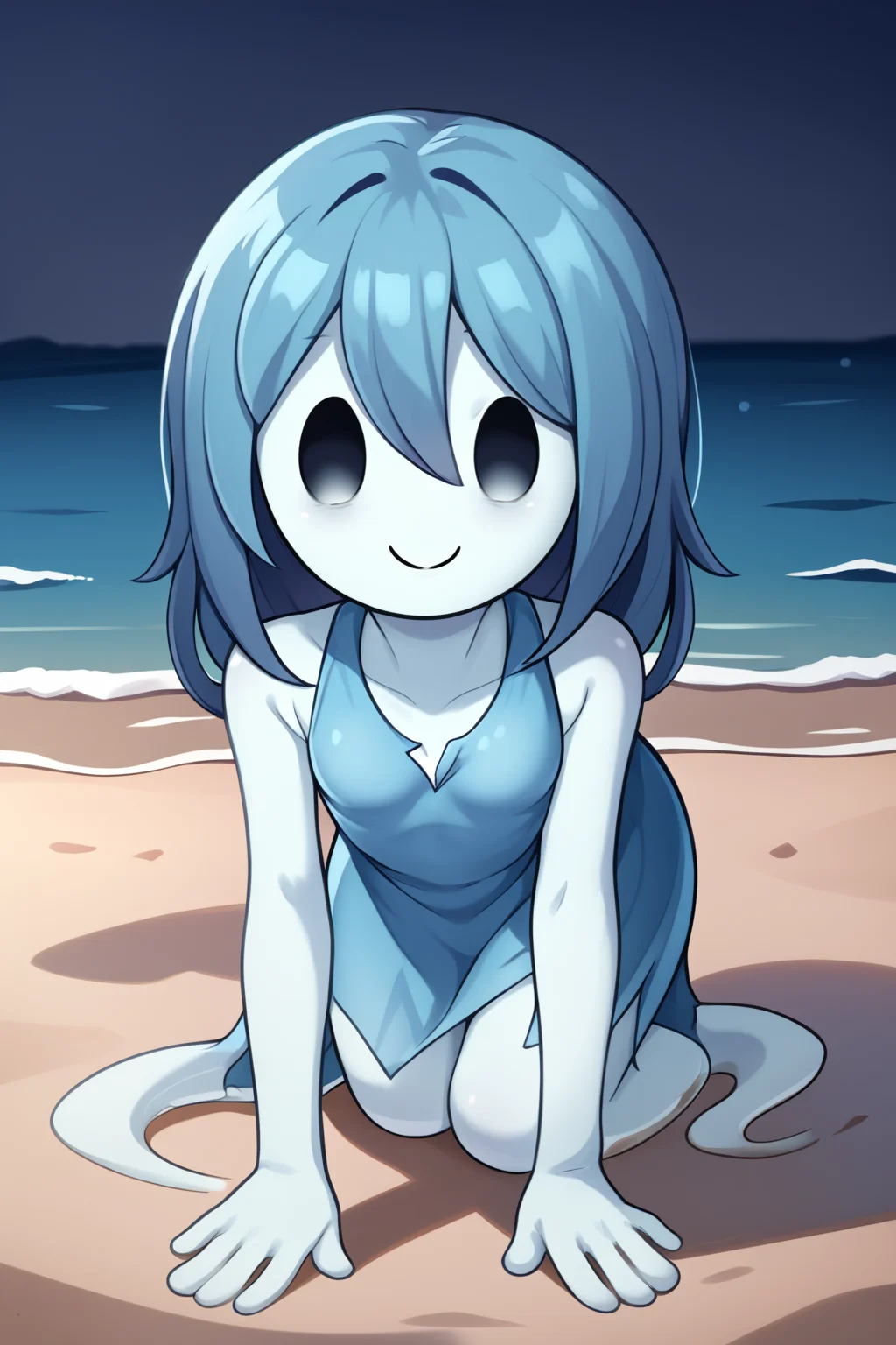 score_9, score_8_up, nsfw, score_7_up, <lora:Spooky:0.9> spooky (sjm), ghost girl, solid oval eyes, smile, transparent, colored skin, long blue hair, small breasts, blue dress, solo, on all fours,, beach, sand, ocean, water,