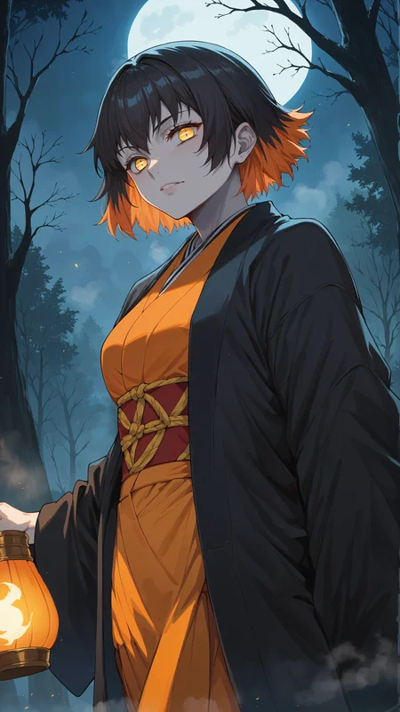 score_9,score_8_up,score_7_up,score_6_up, source_anime, zPDXL3, <lora:xl_more_art-full_v1:0.5>, girl, dynamic pose, (head tilt), <lora:Susamaru - Pony-000004:0.8>, pale skin, gray skin, short hair, black hair, orange hair, multicolored hair, two-tone hair, yellow eyes, japanese clothes, orange kimono, black haori, black coat, darkness, night time, forest, moonlight, mist, fog,