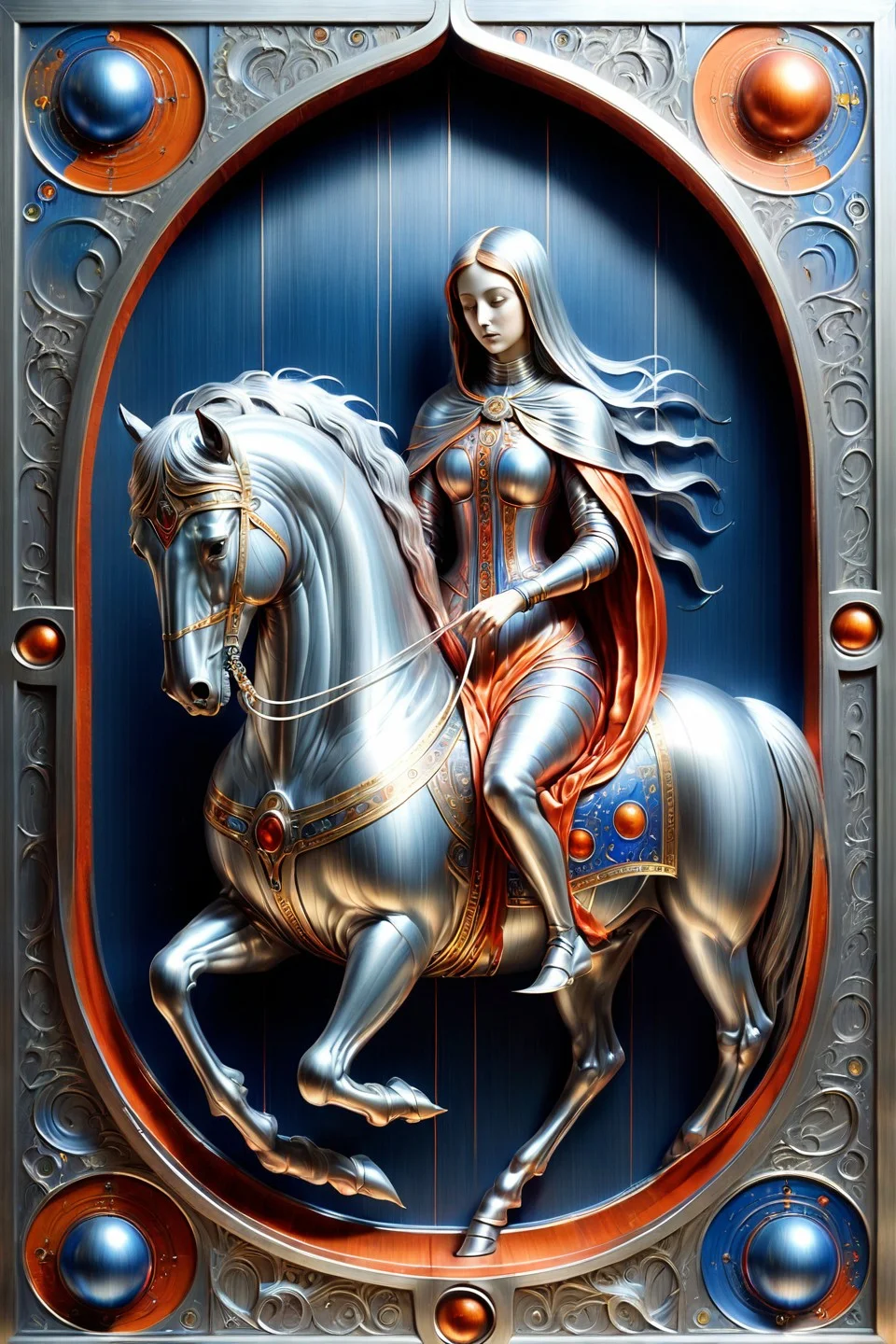 fantasy cs-m3tal-ok_v03-1600, a coloured line drawing of a mature Chilean Tarot Death riding on a pale horse. Their bodies have networks of fine glowing (silver:0.33) veins. Intricate, very detailed