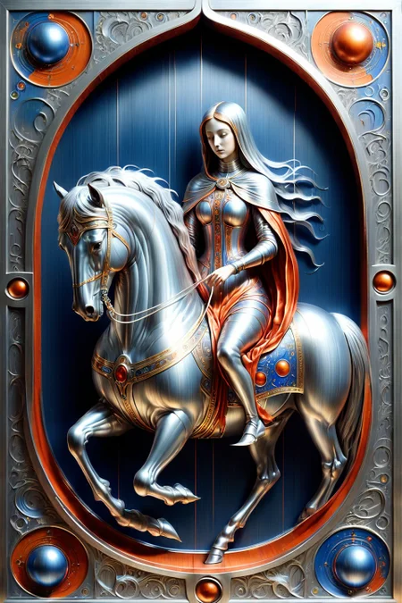 fantasy cs-m3tal-ok_v03-1600, a coloured line drawing of a mature Chilean Tarot Death riding on a pale horse. Their bodies have networks of fine glowing (silver:0.33) veins. Intricate, very detailed