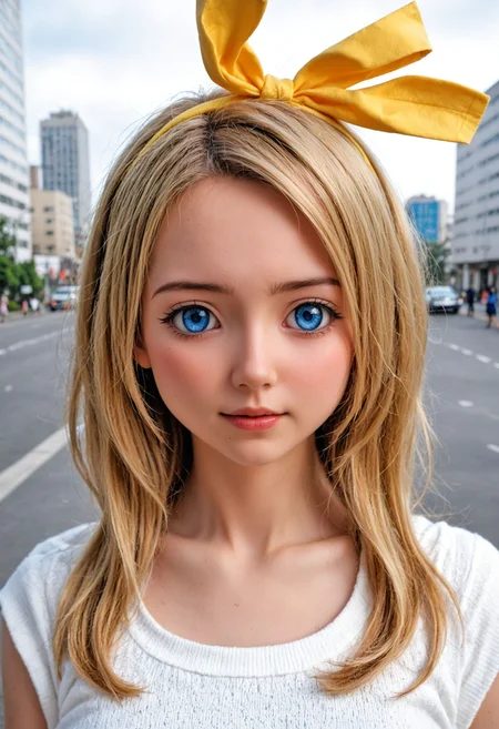 <lora:Hyper-SDXL-8steps-lora:1> zPDXLrl, score_9, score_8_up, score_7_up, score_realistic, best quality, intricate details, perfect anatomy, realistic, hyperrealistic, photo, professional lighting, ultra highres, extremely detailed, detailed eyes BREAK
1girl, clothed, expressionless, upper body, kagamine rin, (vocaloid:0.8), blonde hair, blue eyes, 
outdoors, city, tokyo, japan, 
<lora:anime_lovedoll_XL(pony)v11:0.8>