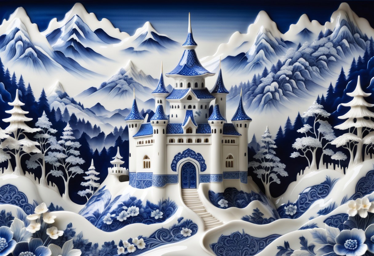 porcelain castle  in Bluepatternporcelain, detailed calligraphy ornament, 
mountain forest meadow background,