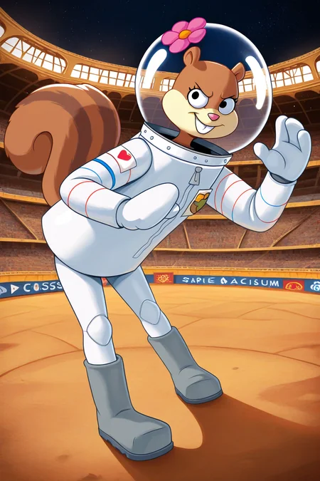 masterpiece, best quality, amazing quality, absurdres, sandycheeks, 1girl, furry female, brown fur, squirrel girl, squirrel tail, solo, smile, serious, confident, fighting stance, pink flower, space helmet, white spacesuit, grey boots, outdoors, stadium, arena, colosseum