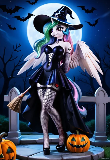 afe_pos, score_9, score_8_up, score_8, raw, source_pony, (8K), source_real, masterpiece, high quality, BREAK, (highly realistic:1,3), (realisitic face:1,4), Princess Celestia\(mlp\), (anthro pony:1.1), looking at the viewer, seductive look, big pegasus wings, tail, hands behind the back, modern witch broom with neon lights, hat, anthro, goth dress, fluffy ears, goth, ruined makeup, black lips, ear piercing, rings, bracelet, nail polish, navel piercing, white tattoo, arm tattoo, leg tattoo, white fishnets stockings, fishnets gloves, choker, long glowing hair, crown, glowing, gothic clothing, cemetery in background, dark theme, night, (((Halloween night, Halloween decorations and motifs))), halloween pumpkin shaped moon