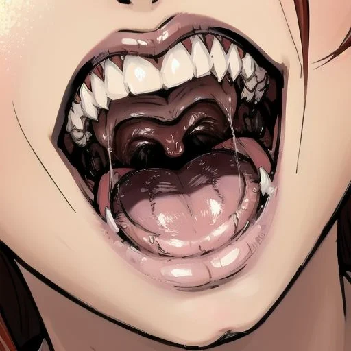 predface, feminine, smile, evil grin, long tongue, tongue extended, saliva, uvula