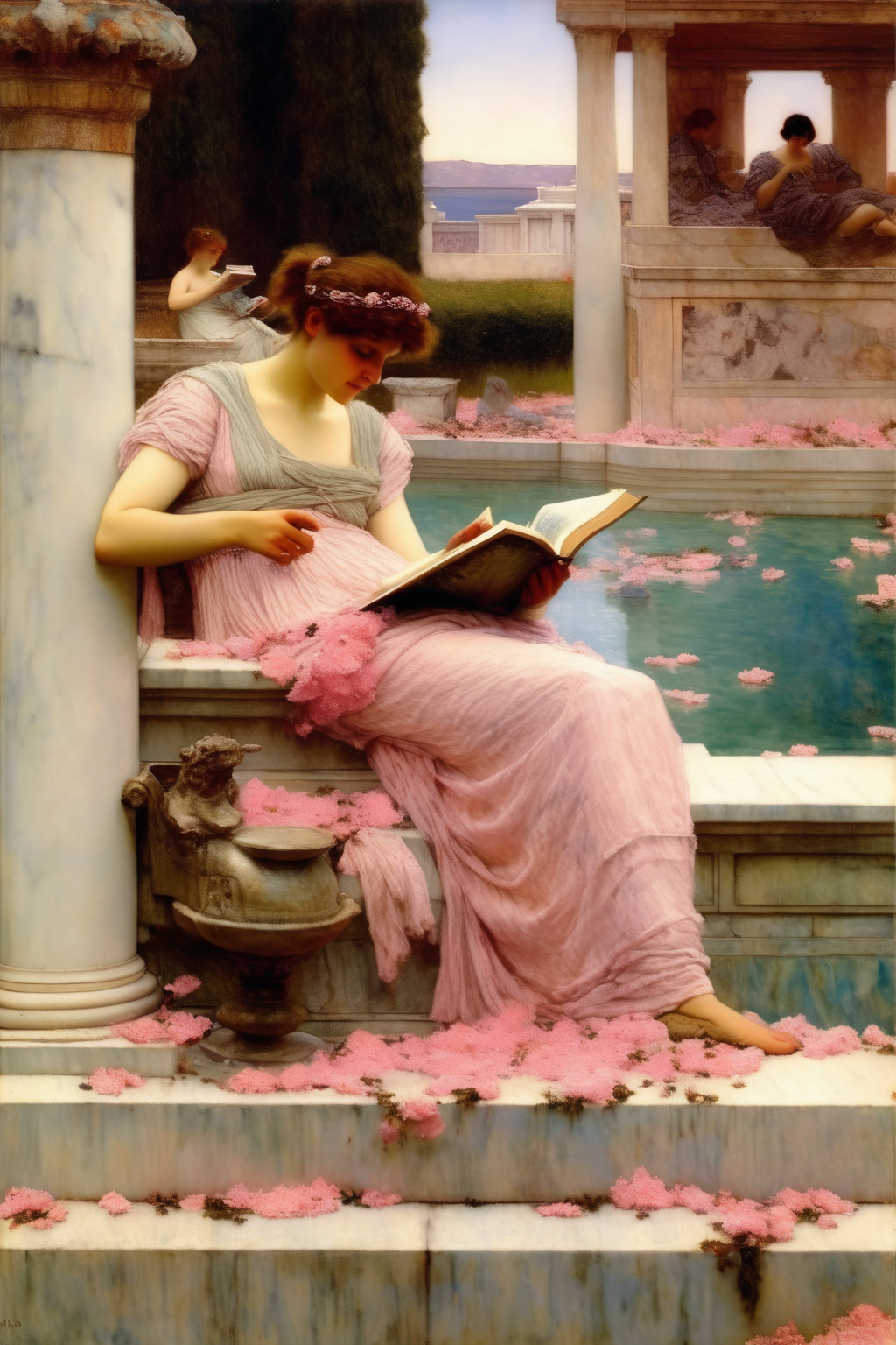 <lora:Lawrence Alma Tadema Style:1>Lawrence Alma Tadema Style - woman reading a book next to a fountain with pink flowers vivid dreamy Lawrence Alma-Tadema style