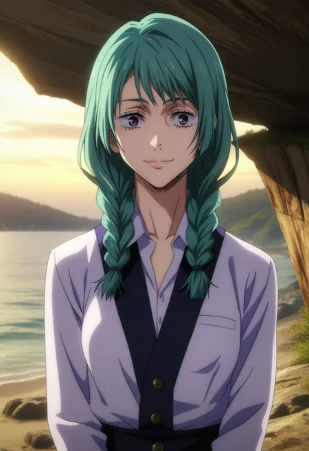 score_9, score_8_up, score_7_up, source_anime, intricate details, anime screencap, perfect balance, official art, extremely detailed CG unity 8k wallpaper, perfect lighting, Colorful, Warm_Front_face_Lighting, (masterpiece:1.0),(best_quality:1.0), ultra high res,4K,ultra-detailed, photography, 8K, HDR, highres, absurdres:1.2, Kodak portra 400, blurry background, bokeh, lens flare, (Anime) (vibrant_color:1.2), professional photograph, night, (good_face:1.2), 2d, anime, upper body, intricate iris, American, 1960s, 1970s, Professional character design, 1girl, female focus, (vibrant amethyst purple eyes), perfect eyes, (bright green-teal hair), (Long Silky smooth hair), (pretty hair), (beautiful hair), (straight bangs), braided hair, preppy, white dress shirt, youthful, feminine, sultry, solo, jujutsu_kaisen_style, character portrait, (perfect-lighting, lens flare), face, torso, (Charming) (Beautiful) (Elegant) (Sophisticated smile), feminine, young, (Wealthy, manor, extravagant, ornate embellishments, coastal, shore, cliff), warm sunlight, daylight, (sunlight), (warm lighting), comfortable lighting. turquoise hair, vibrant purple eyes, amethyst eyes, slimes_mjur, wavy hair