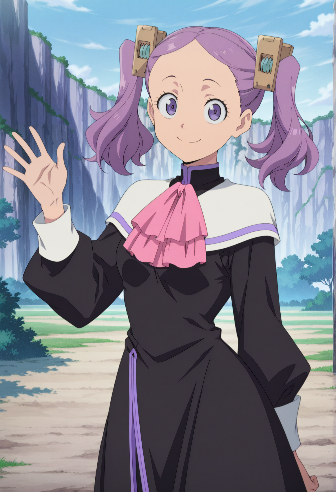 anime screenshot, anime screencap, anime coloring, 1girl, 1girl, purple hair, purple eyes, forehead, twintails, hair ornament, black tunic, white collar, pink ascot, outdoors, gardent, looking at viewer, smile, cowboy shot, waving  <lora:wahanly_seikishi:1>, masterpiece, best quality, amazing quality, very aesthetic, absurdres, highres, newest