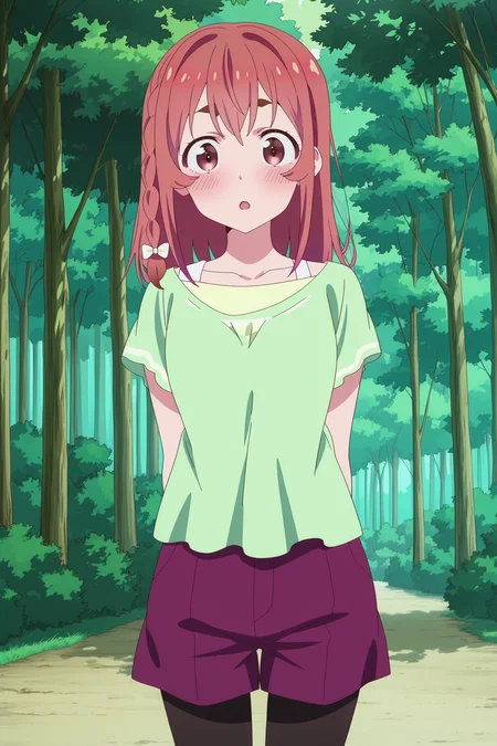 anime screencap, anime coloring, detailed face, masterpiece, best quality, very aesthetic, absurdres, volumetric lighting, official style, amazing quality, ultra detailed, highres, amazing quality, scenery, beautiful detailed hair, beautiful detailed eyes,
<lora:Sumi_Sakurasawa_Rent-A-GirlfriendKanojo_Okarishimasu:1>
Sumi green shirt dark purple pants (outfit), Sumi Sakurasawa (character), 1girl, solo, pantyhose, braid, shorts, tree, red hair, blush, shirt, outdoors, open mouth, green shirt, forest, black pantyhose, looking at viewer, :O, cowboy shot, red eyes