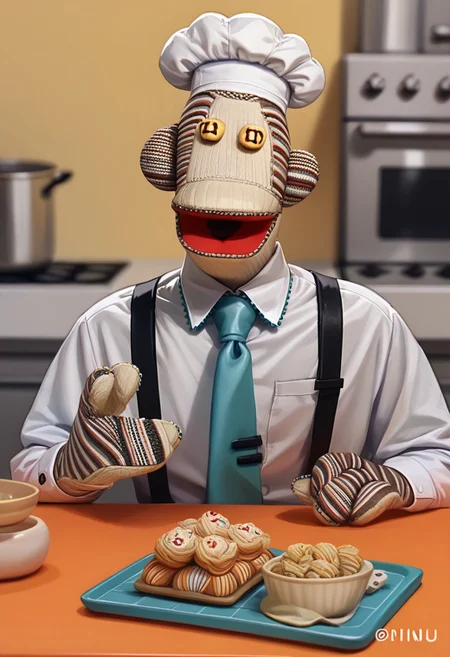 hatsune_miku_\(cosplay\), score_9, score_8_up, score_7_up BREAK Tulio31, 1boy, sockpuppet chimpanzee, yellow button eyes, barefoot, formal suit, tie, white undershirt, beige pants, full body, cooking cupcakes, making sweets, chef hat, happy, smiling, kitchen indoors,