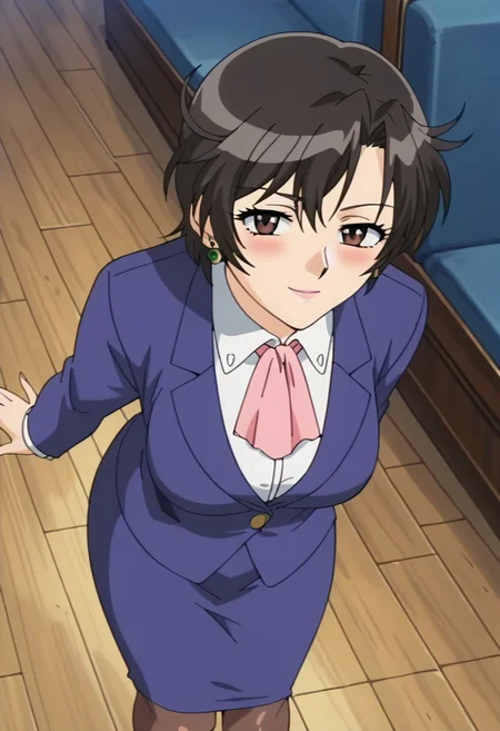 score_9, score_8_up, score_7_up, score_6_up, score_5_up, score_4_up, 4k, upscale, 1girl, Mayu Misogi, Black Hair, Pink Lips, Blazer, Cravat, Earrings, Pantyhose, Skirt Suit, big breasts, huge butt, looking at viewer, smug, blush, from above, look up, anime screencap