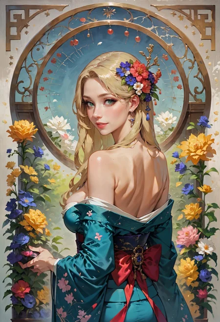 score_9, score_8_up, score_7_up,  1 girl, beautiful flowers, flower corsage in hair, (flowers in background, abstract flower background), impressionism, blonde hair, long hair, art nouveau style, kimono, off shoulder, cleavage, looking at viewer from behind, upper body  <lora:sdxl\Anime Summer Days 2 Style SDXL_LoRA_Pony Diffusion V6 XL>