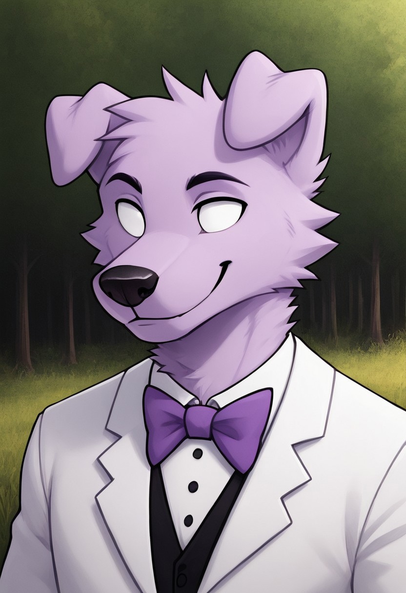Uhyeah[YOUTUBER], purple fur, purple body, floppy ears, no pupils, pure white eyes, k9, male, man, furry, fursona, anthro, no humans, canine, mammal, animal ears, (Male Anthro canine:1.5)
Solo, alone, by himself, 1boy, male.
athletic, athletic body, muscles. (athletic body), (purple body:1.1),
clothing, clothed, suit, purple bowtie, bowtie, white suit, white suitvest, vest, black shirt, shirt, white tophat, HD, digital painting, digital art, masterpiece.  Headshot, head focus, close to face, closeup, bustshot.  Happy emotion, happy.   outside, forest, trees, woods, grassy floor, grassy, (outside:1.4)  HD, digital painting, digital art, masterpiece ((bust portrait)), digital drawing (artwork), digital media (artwork), hi res.  mylafox[STYLE], Art by mylafox, By mylafox, furry, furry art, Cartoony, Cartoon like, realistic style, detailed, shaded, shading,