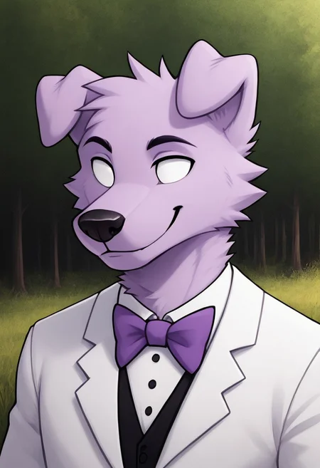 Uhyeah[YOUTUBER], purple fur, purple body, floppy ears, no pupils, pure white eyes, k9, male, man, furry, fursona, anthro, no humans, canine, mammal, animal ears, (Male Anthro canine:1.5)
Solo, alone, by himself, 1boy, male.
athletic, athletic body, muscles. (athletic body), (purple body:1.1),
clothing, clothed, suit, purple bowtie, bowtie, white suit, white suitvest, vest, black shirt, shirt, white tophat, HD, digital painting, digital art, masterpiece.  Headshot, head focus, close to face, closeup, bustshot.  Happy emotion, happy.   outside, forest, trees, woods, grassy floor, grassy, (outside:1.4)  HD, digital painting, digital art, masterpiece ((bust portrait)), digital drawing (artwork), digital media (artwork), hi res.  mylafox[STYLE], Art by mylafox, By mylafox, furry, furry art, Cartoony, Cartoon like, realistic style, detailed, shaded, shading,