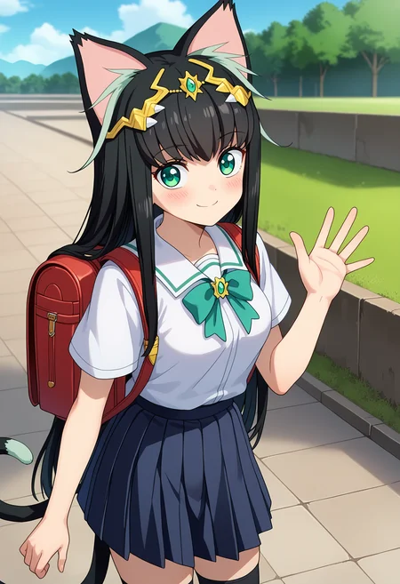 score_9, score_8_up, score_7_up,source_anime,
BREAK
1girl, solo, aged down,
<lora:shiTamaV1:1>, smol, tamayng, long hair, black hair, multicolored hair, tiara, very long hair,
green eyes, cat tail, cat ears, animal ears,
school uniform, pleated skirt, backpack, white shirt, handkerchief, thighhighs,
looking at viewer, smile, outdoors, school, street, stone floor, waving, blush, looking at viewer,