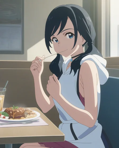best quality,masterpiece,highres,absurdres,1girl,solo,newest,rating: questionable, <lora:Amano_Hina_XL-step00001400:0.8> ,(hina_xl, twintails, blue eyes, low twintails, hood, black choker, sleeveless, anime coloring),cafeteria,sitting,table,smile,^_^,food in mouth, eating,looking at viewer,