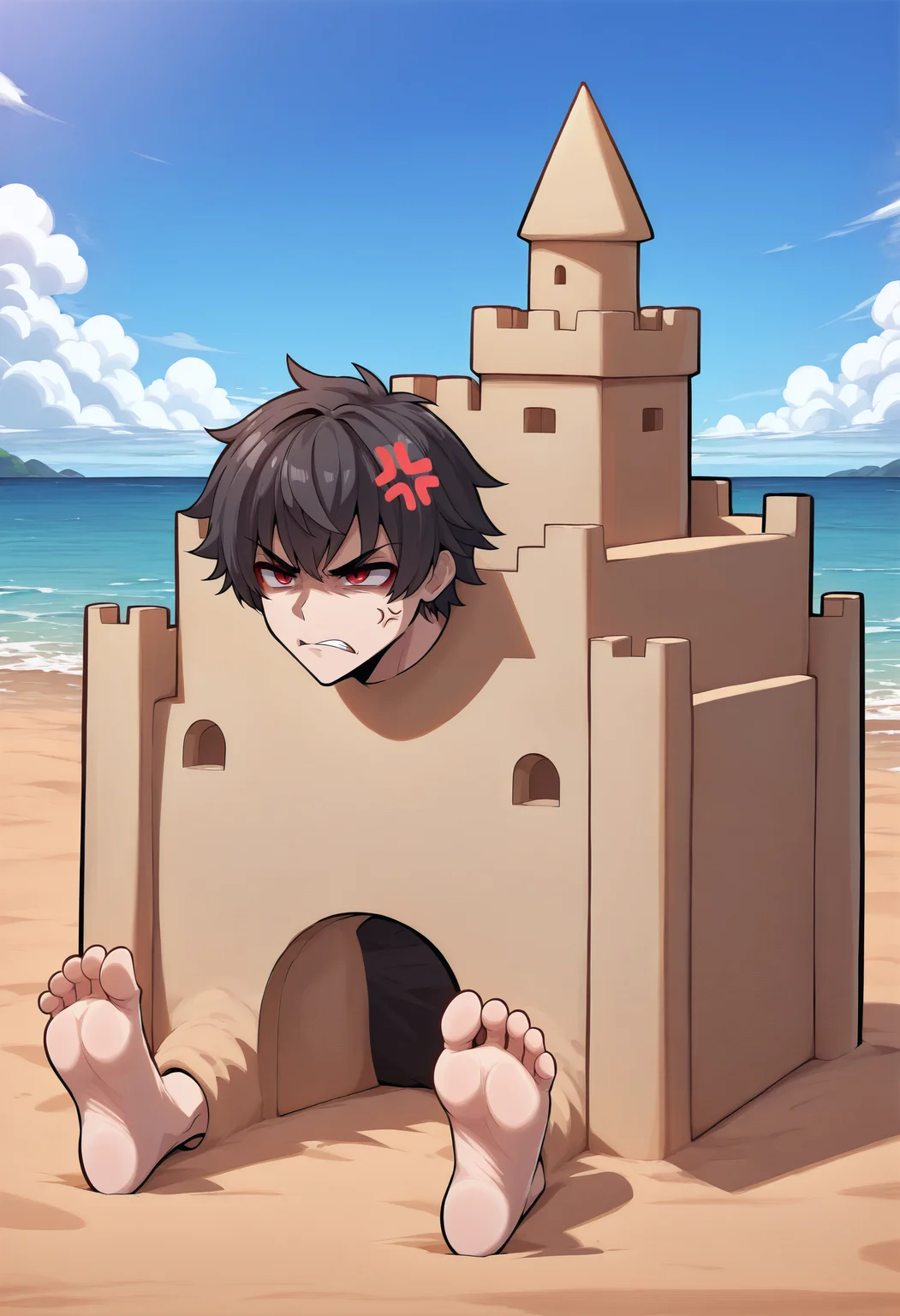 1boy, solo. man sitting on ground, stuck in sand castle, head out, feet out, annoyed, grimacing. he has black hair, red eyes, anger vein. blue sky, clouds, ocean in background