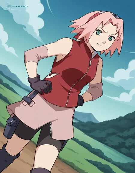 score_9, score_8_up, score_7_up, source_anime,
sakuraharuno, <lora:sakura-haruno-shippuden-s1-ponyxl-lora-nochekaiser:1>,
sakura haruno, short hair, green eyes, pink hair, parted bangs, hairband, forehead protector,
gloves, green eyes, sleeveless, black gloves, red shirt, zipper, forehead protector, konohagakure symbol, boots, bike shorts, zipper, toeless footwear,
outdoors, landscape, smile, hands on hips,
cowboy shot, looking at viewer, solo, dutch angle,