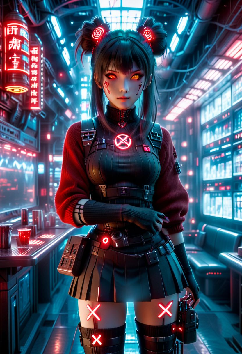 3d movie poster, cyberpunk cafe, young woman, rin tohsaka cosplay, detailed beautiful face, fingerless gloves, coat over sweater, red|black, (glowing hair buns, hair ornament), vantablack skirt, thighhighs, science fiction