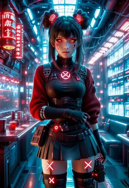 3d movie poster, cyberpunk cafe, young woman, rin tohsaka cosplay, detailed beautiful face, fingerless gloves, coat over sweater, red|black, (glowing hair buns, hair ornament), vantablack skirt, thighhighs, science fiction