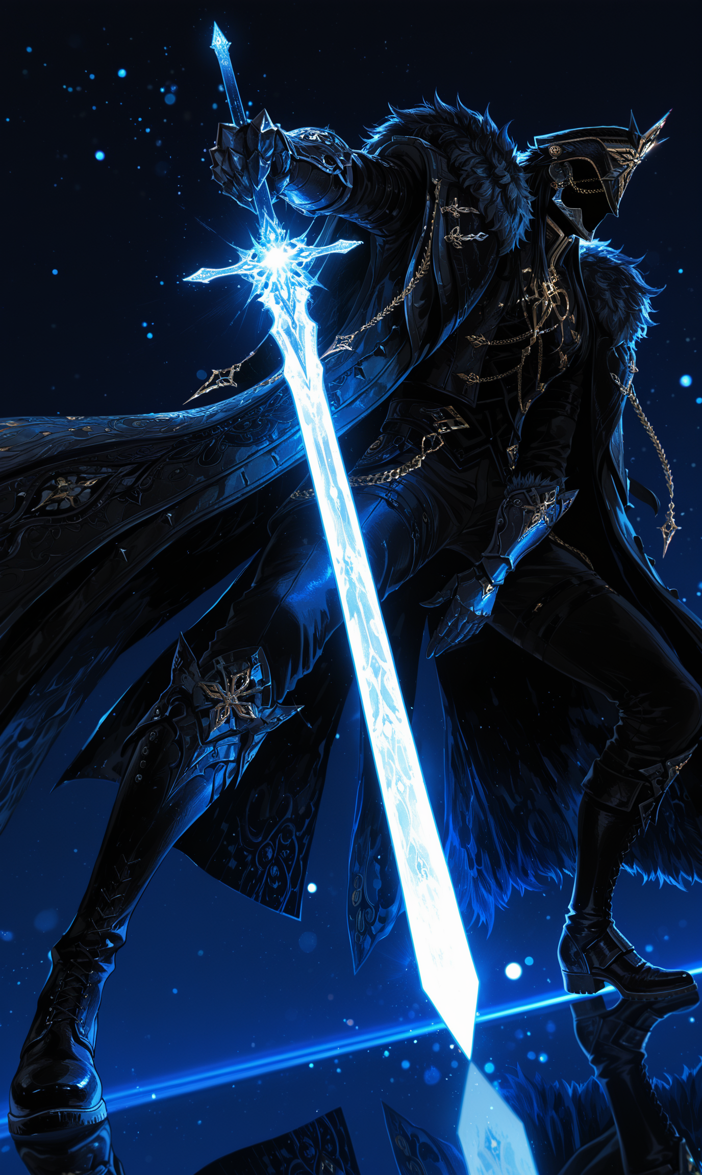 masterpiece, best quality, very awa, absurdres, highres, ultra-detailed, 8K, illustration, CG, shiny, official art, artist:mon_(monmon2133), chromatic aberration, high contrast, color contrast, cold colors, gritty, 
ilcapitano, 1boy, male focus, solo, black hair, long hair, mask, faceless, faceless male, mask, hat, black headwear, jacket, black jacket, high collar, gold trim, long sleeves, gloves, black gloves, gauntlets, coat, fur trim, fur-trimmed coat, black coat, open coat, open clothes, chain, pants, black pants, boots, black footwear, incoming attack, attacking pose, from side, dashing, sceanry, wide angle,
dark blue background, blue theme, glowing sword, (foreshortening:1.2)
 bokeh, reflection, (dramatic angle, dynamic pose, dynamic angle:1.2), light rays, hard lighting, Neon lights, Backlit lens flare, vignetting,  <lora:spo_sdxl_10ep_4k-data_lora_webui:0.6> <lora:Il_Capitano_-_Genshin_Impact:0.8> <lora:748cmSDXL:0.3> <lora:mon_monmon2133:0.4><lora:noobai_vpred_1_masterpieces_v1:0.5>