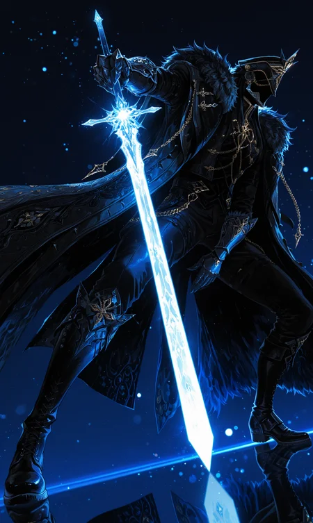masterpiece, best quality, very awa, absurdres, highres, ultra-detailed, 8K, illustration, CG, shiny, official art, artist:mon_(monmon2133), chromatic aberration, high contrast, color contrast, cold colors, gritty,
ilcapitano, 1boy, male focus, solo, black hair, long hair, mask, faceless, faceless male, mask, hat, black headwear, jacket, black jacket, high collar, gold trim, long sleeves, gloves, black gloves, gauntlets, coat, fur trim, fur-trimmed coat, black coat, open coat, open clothes, chain, pants, black pants, boots, black footwear, incoming attack, attacking pose, from side, dashing, sceanry, wide angle,
dark blue background, blue theme, glowing sword, (foreshortening:1.2)
bokeh, reflection, (dramatic angle, dynamic pose, dynamic angle:1.2), light rays, hard lighting, Neon lights, Backlit lens flare, vignetting, <lora:spo_sdxl_10ep_4k-data_lora_webui:0.6> <lora:Il_Capitano_-_Genshin_Impact:0.8> <lora:748cmSDXL:0.3> <lora:mon_monmon2133:0.4><lora:noobai_vpred_1_masterpieces_v1:0.5>