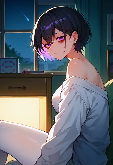 score_9, score_8_up, score_7_up, BREAK, 1girl, shiny skin, sitting, looking at viewer, single bare shoulder, long sleeves, white shirt, white pantyhose, from side, close-up, curvy, medium breasts, bags under eyes, purple eyes, black hair, apartment, night, backlighting,