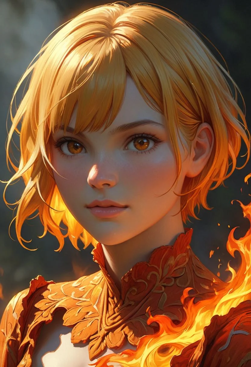 "Bill Willingham" Style.
Title: "Feminine Fire Elemental".
She's made of pure Fire.
She's staring the viewer, cute expression.
She has hot-yellow hair, pixie haircut.
Pristine Aesthetic.
Life-like details.
Cinematic. 
Dramatic. 
Dynamic. 
Extremely refined lines and and shapes.
Extremely refined details on objects.
Sharp details.
Wide range of colors.
Many details everywhere. Ray-Tracing. Anti-Aliasing. Realistic soft shadows. Low saturation colors. Insane quality. Insane resolution. Insane details. Masterpiece. 32k resolution.