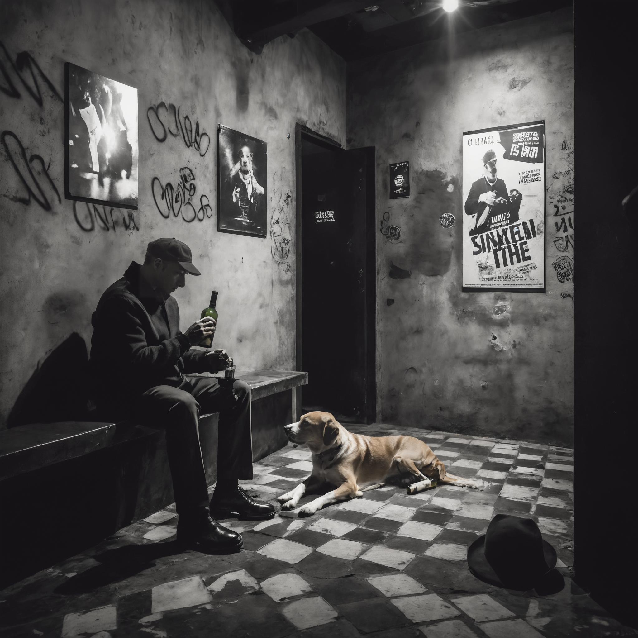 <lora:20240704-1720095833344:0.7>,underground club,( a dog beside the man:1.5),a man sitting in the corner drinking,some broken wine bottles on the ground beside the man,black and white contrast light,immersive atmosphere,star posters on the wall,at the door of the club,
