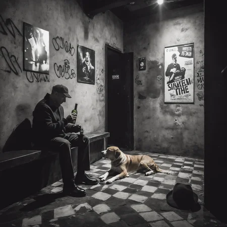 <lora:20240704-1720095833344:0.7>,underground club,( a dog beside the man:1.5),a man sitting in the corner drinking,some broken wine bottles on the ground beside the man,black and white contrast light,immersive atmosphere,star posters on the wall,at the door of the club,