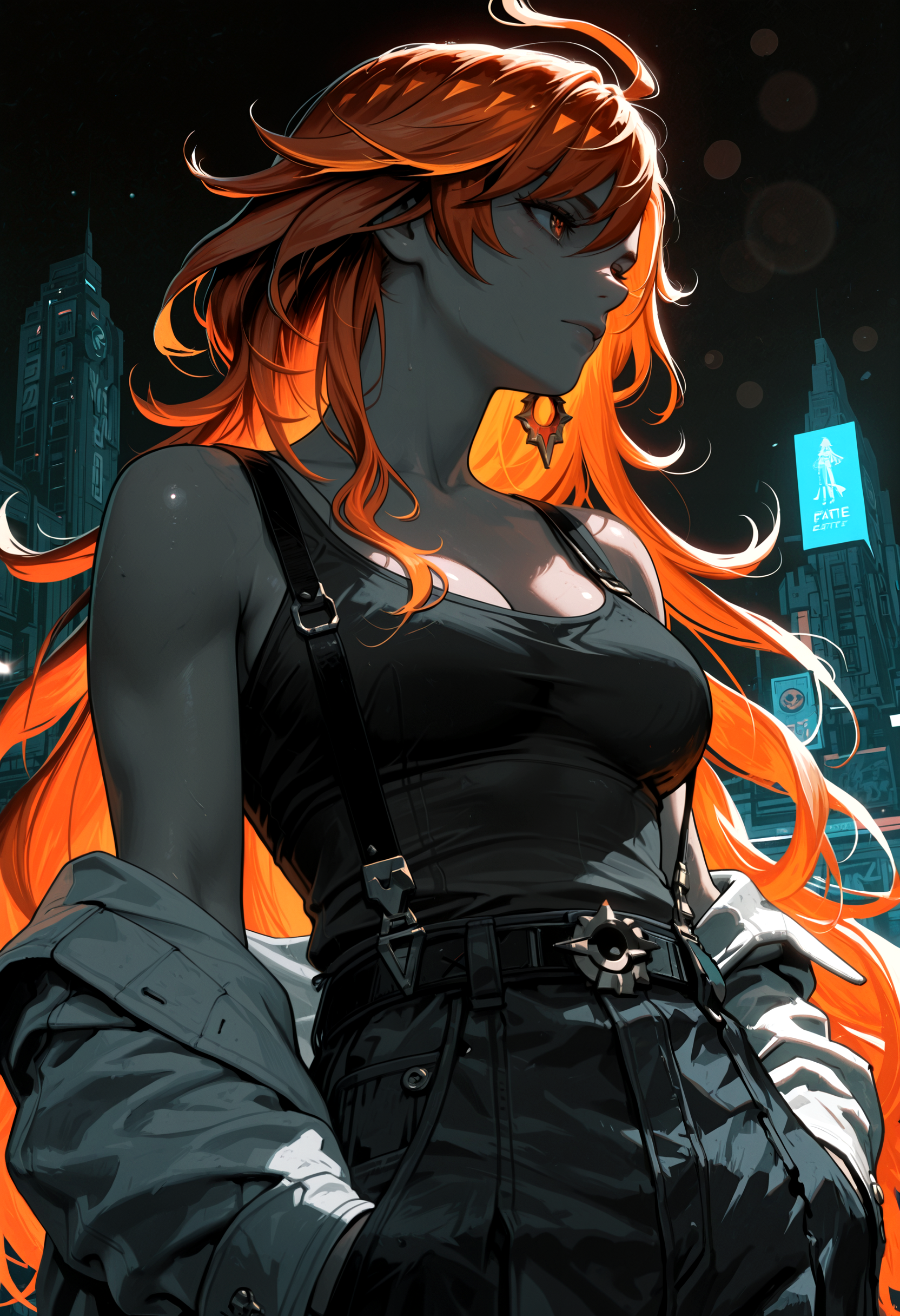 masterpiece, best quality, very aesthetic, 
Mavuika \(Genshin Impact\),red and orange hair,1girl,long hair,orange hair,multicolored hair,
round breasts, cleavage, athletic,fit, white blazer, loose tank top, suspenders, belt, loose trousers,   look away, turned head, face in profile, hands in trouser pocket, dutch angle, close up, low angle shot, slightly aside, portrait,female face focus,  
1960s style, retro artstyle, promotional art, cinematic, lens flare, dramatic contrast, futuristic cityscape, vintage sci-fi palette, 
(Sinozick_illu,gradient,spot color, )
