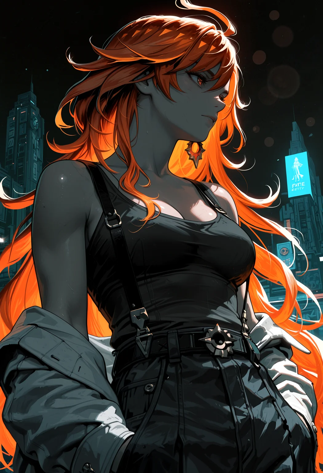 masterpiece, best quality, very aesthetic,
Mavuika \(Genshin Impact\),red and orange hair,1girl,long hair,orange hair,multicolored hair,
round breasts, cleavage, athletic,fit, white blazer, loose tank top, suspenders, belt, loose trousers, look away, turned head, face in profile, hands in trouser pocket, dutch angle, close up, low angle shot, slightly aside, portrait,female face focus,
1960s style, retro artstyle, promotional art, cinematic, lens flare, dramatic contrast, futuristic cityscape, vintage sci-fi palette,
(Sinozick_illu,gradient,spot color, )