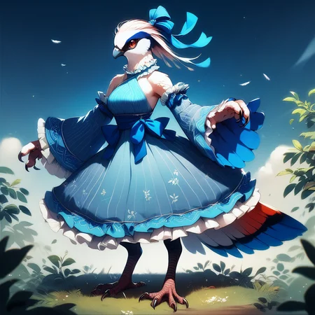 score_9, score_8_up, score_7_up, score_6_up,fscore_9, score_8_up, score_7_up, source_furry, feathers, claws, furry female, body feathers, victoria_pigeon, hair ribbon, frilled choker, criss-cross halter, sleeveless dress, high-waist skirt, backless dress, blue dress, waist blue bow, detached sleeves, frilled sleeves, wide sleeves, blue sleeves, black pantyhose, patterned legwear, pinstripe pantyhose, full length, outdoors, action pose,  detailed, <lora:Anthro_birds_for_pony_-_2:0.9>